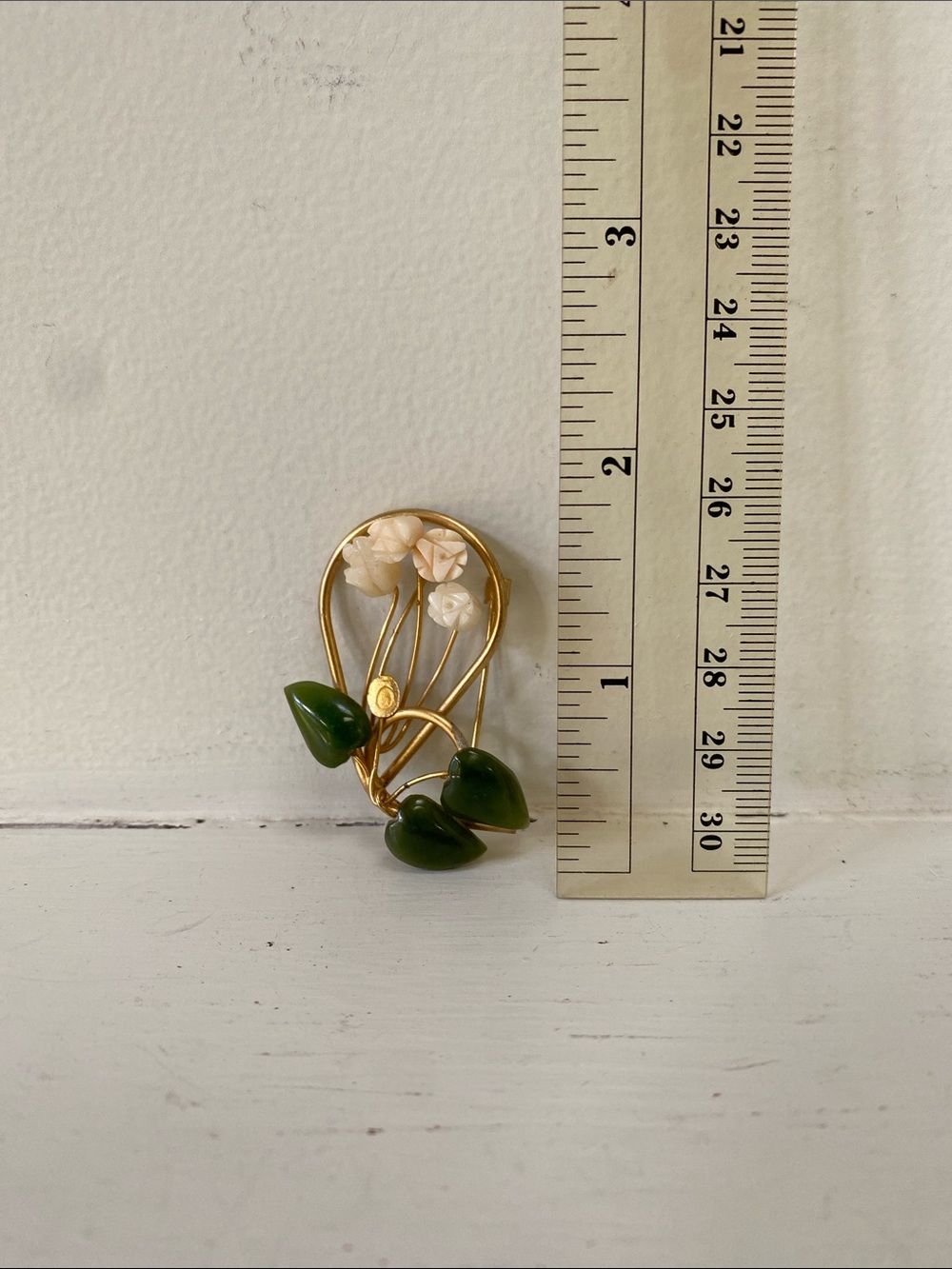 Gold Floral Brooch with Cream Flowers and Green Leaf Accents